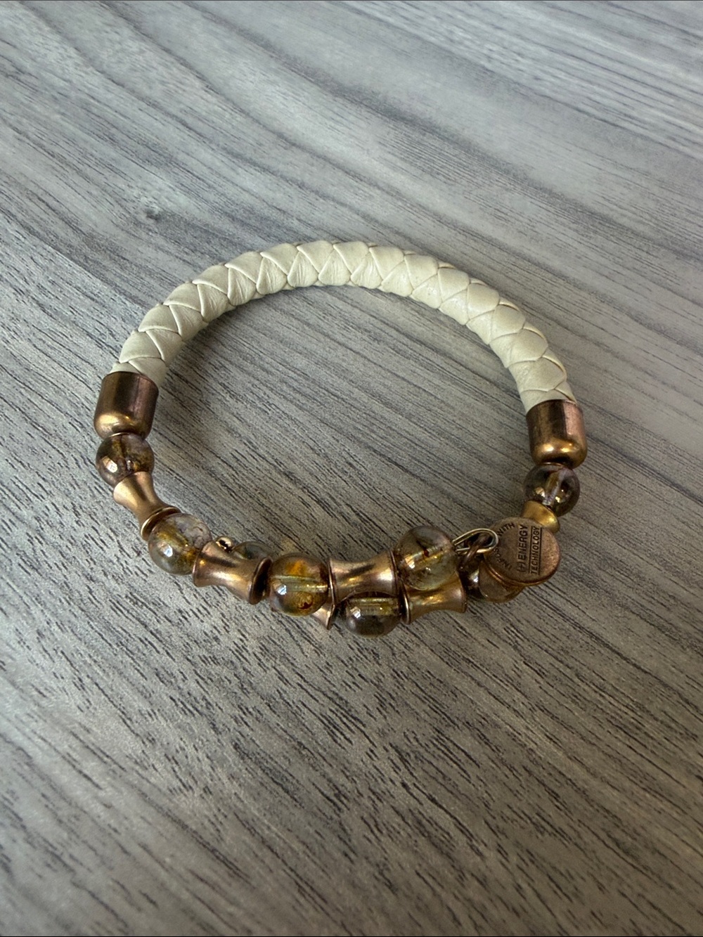 Alex and Ani Ivory Braided Leather Bracelet with Antique Gold Beads